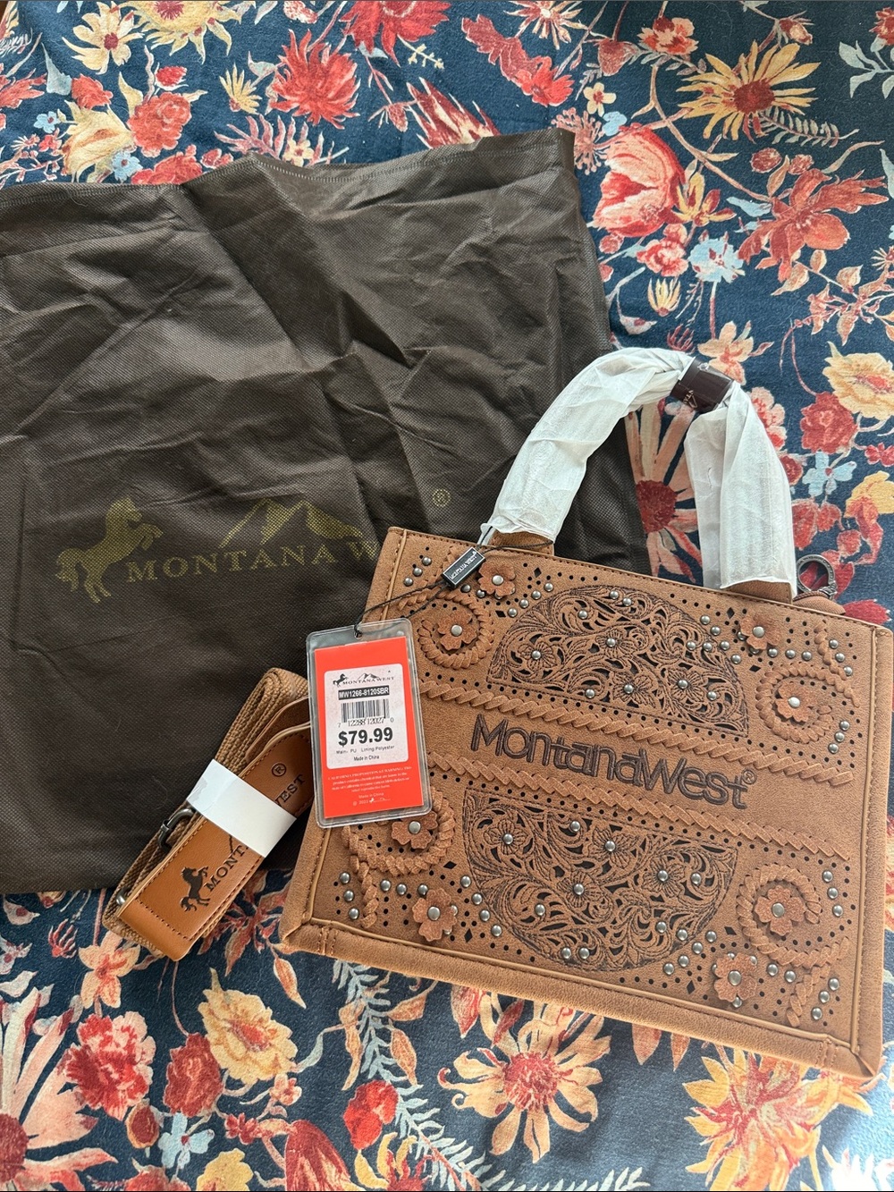 Montana West Brown Embossed Floral Tote with Stud Accents